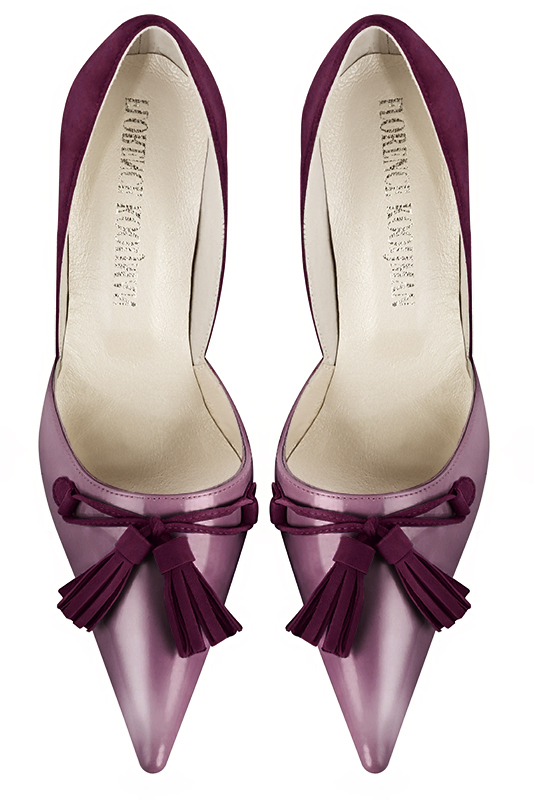Mauve purple and wine red women's open arch dress pumps. Pointed toe. High slim heel. Top view - Florence KOOIJMAN